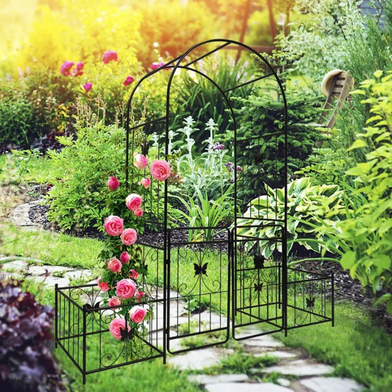 

Black Metal Garden Arch Trellis with Planters Outdoor Climbing Plant Support for Roses Vines Patio Decor