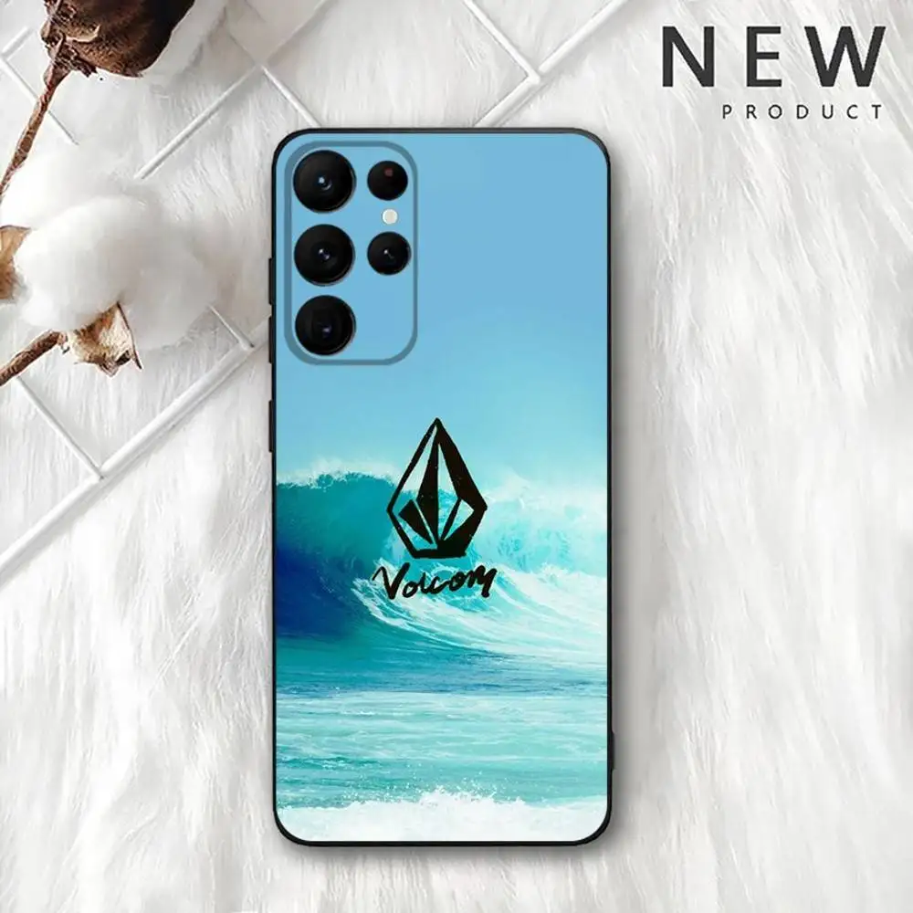 Moda v-volcom esporte estilo caso de telefone para samsung s 25,24,23,22,30,21,10,9,ultra,plus,lite,fe,4,5g preto caso macio