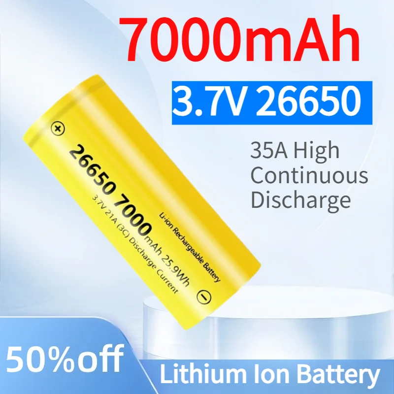 26650 3.7V 7000mAh Rechargeable Lithium Ion Battery 35A Continuous Discharge For Flashlight Power Bank
