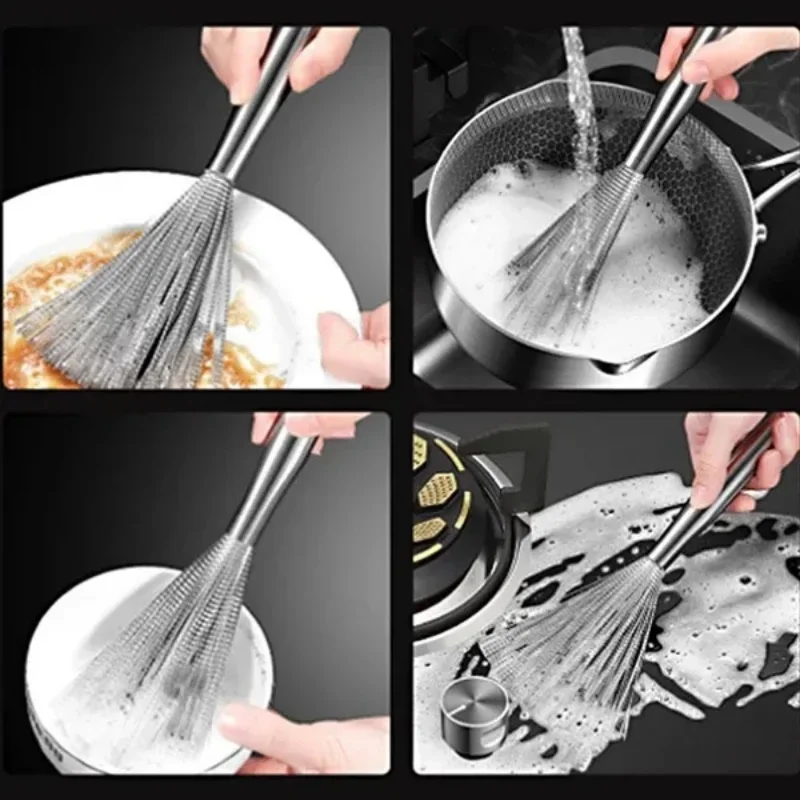 Stainless Steel Cleaning Brush Kitchen Rust Pot Cleaning Brush Ultra Strong Decontamination Brush Hangable Pan Bowl Brushes