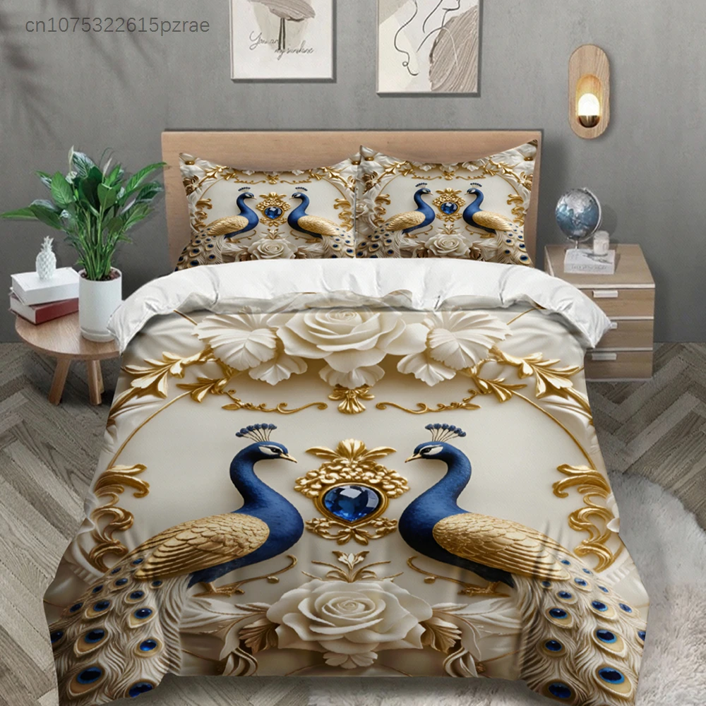 Peacock Floral Bedding Set Cream Gold Blue Peacock And Rose Pattern Duvet Cover Pillowcases For Bedroom Decor