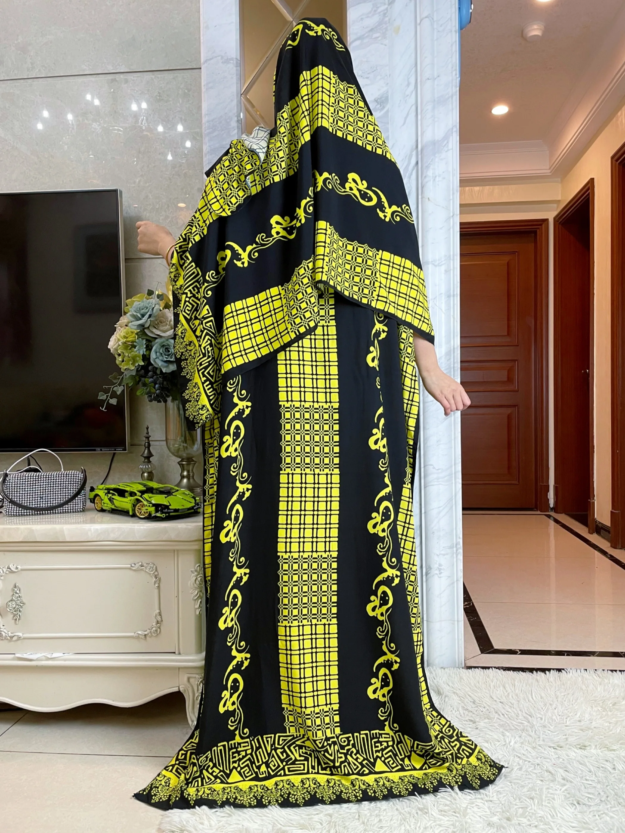 2024Summer African Short Sleeve Cotton Dress With Big Scarf Loose Printed Floral Boubou Maxi Islam Women Diamonds Abaya Clothes