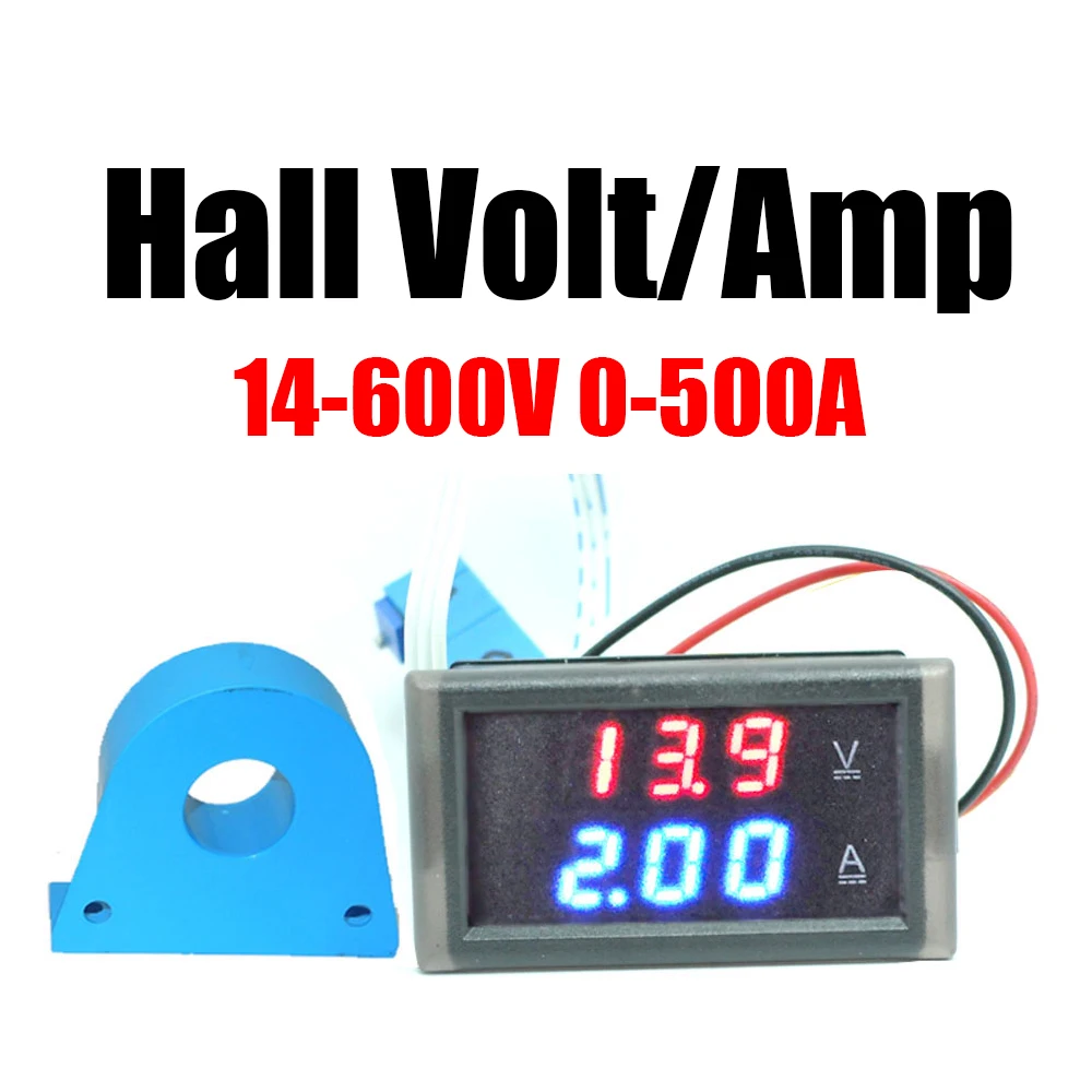 2wire 14-600V 0-500A DC Hall Voltmeter ammeter LED Digital Voltage Current Meter battery monitor 10A 20A 50A 100A 200A 300A