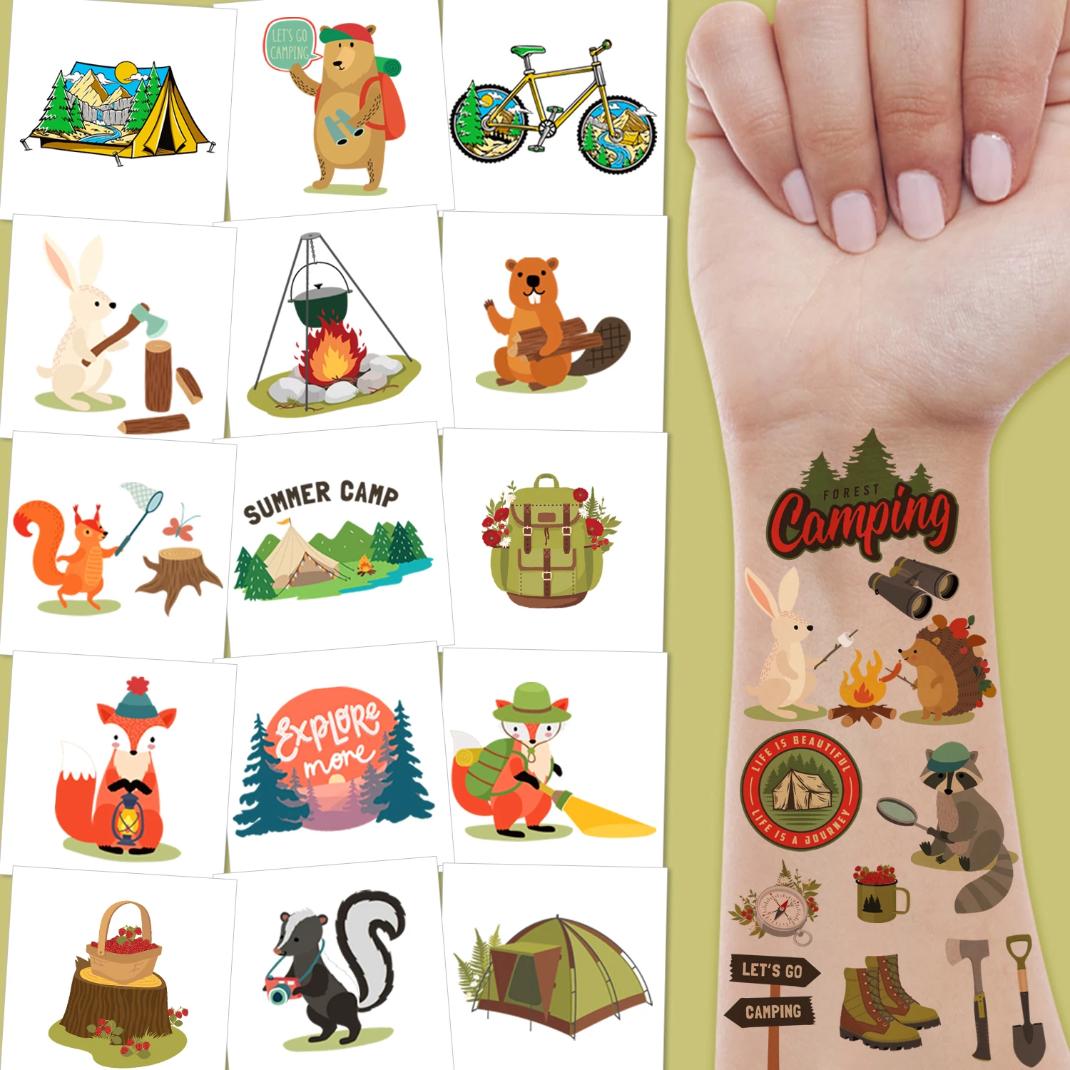 Camping party temporary tattoos with patterns of animals and gear, themed party decoration supplies,10 sheets