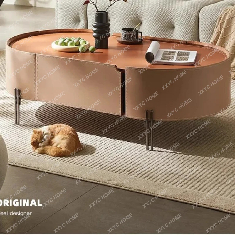 

LNew saddle leather coffee table oval household solid wood high-end small apartment tea table tea table