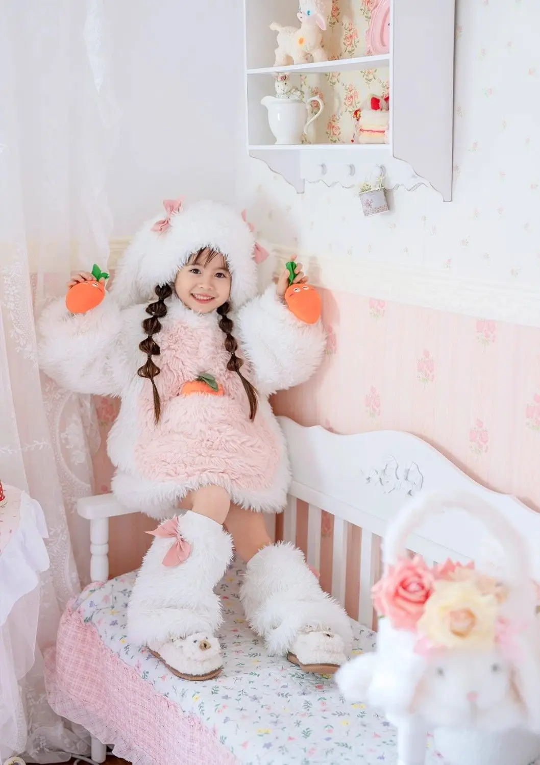 Cartoon Kinder Plüsch-Kaninchen Cosplay Kostüm Kawaii Mädchen Winter Warme Sets Top Hose Mütze Anzug 1-10 Jahre Mädchen Party Outfits Geschenk – Detail 12