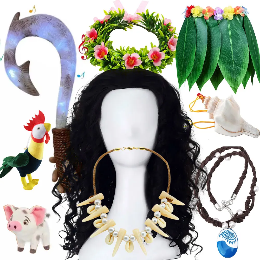

Polynesia Fairy Tale Maui Wig Costume Outfit Headwear Ocean Tribe Moana Party Voyager Dress up Accessory Garland Heart Necklace