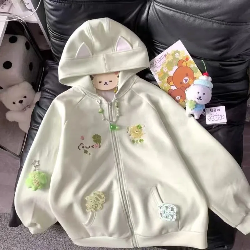 

Vintage Kawaii Long Sleeve Loose Coat with Hooded Women Japanese Cute Zipper Sweatshirts Female Casual Y2k Jacket Overcoat Chic