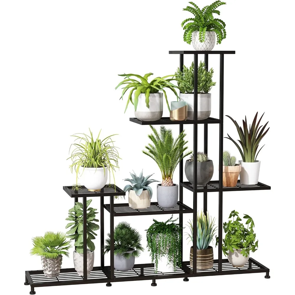 5 Tiers Multifunctional Metal Plant Stand, Decorative Black Steel Plant Shelf for Indoor Outdoor Patio Garden Balcony and Yard