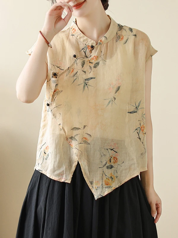 

Женский летний свободный топ из хлопка и льна в китайском стиле в стиле ретро с воротником-стойкой и пуговицами, свободный крой