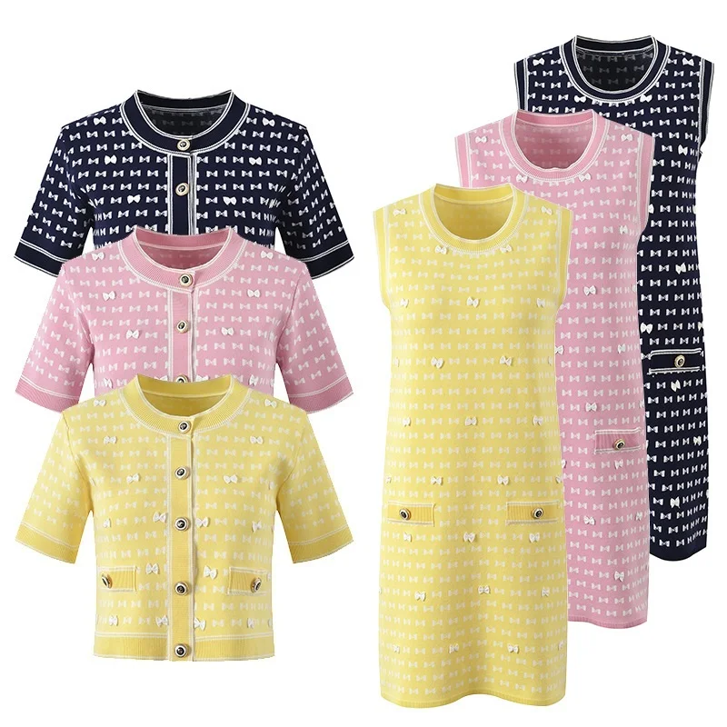 

CHUJIE женский комплект платьев, нежный стиль, жаккардовый маленький ароматный топ с бантом + платье без рукавов, комплект из двух предметов, новинка весны/лета 2023 г.