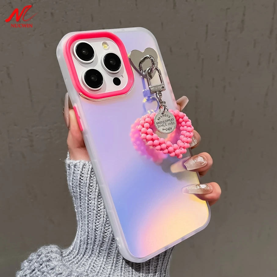 Laser Aurora Case for iPhone 15 Pro Max Love Heart Pearl Luxury Cover for iPhone 11 12 13 14 Pro Max 15 7 8 Plus X Xs Max Xr