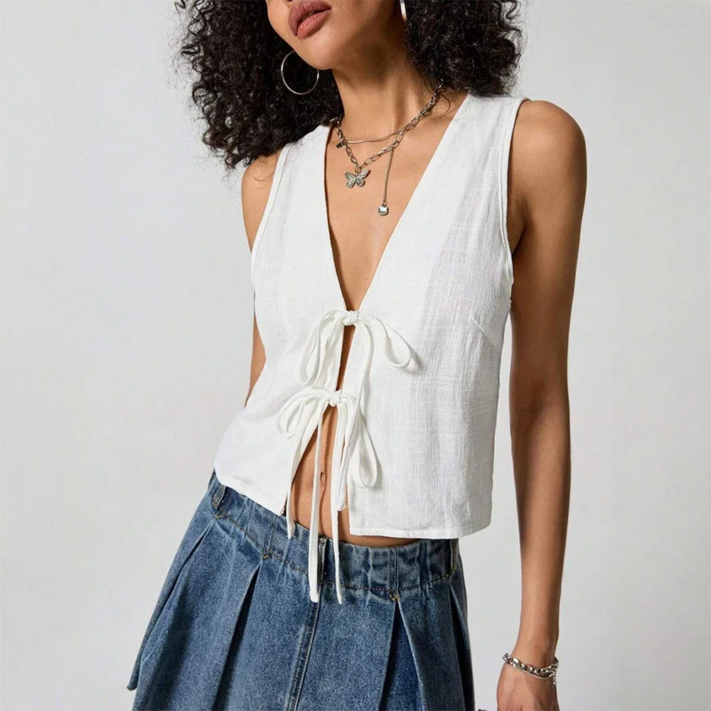 

Blouses Spring Summer Fitting Slim Casual Lace-Up Sleeveless V-Neck Daily Blouses For Women