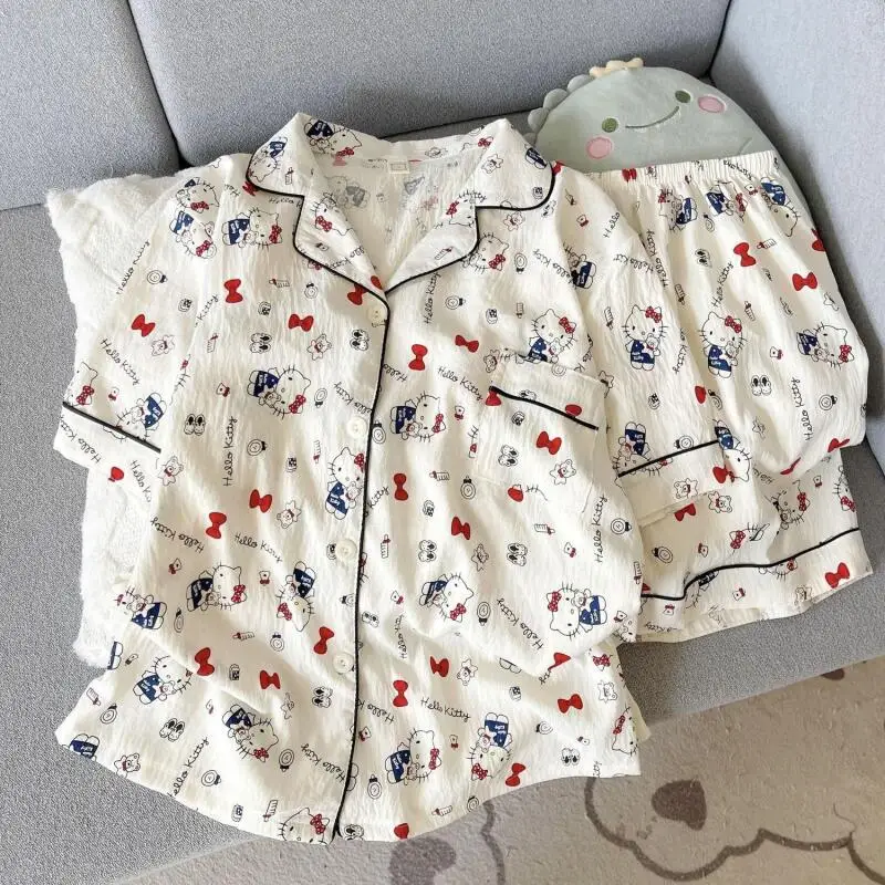 

Женский пижамный комплект Hello Kittys, топы и шорты с короткими рукавами с героями мультфильмов, комплект из 2 предметов, летняя тонкая повседневная удобная домашняя одежда