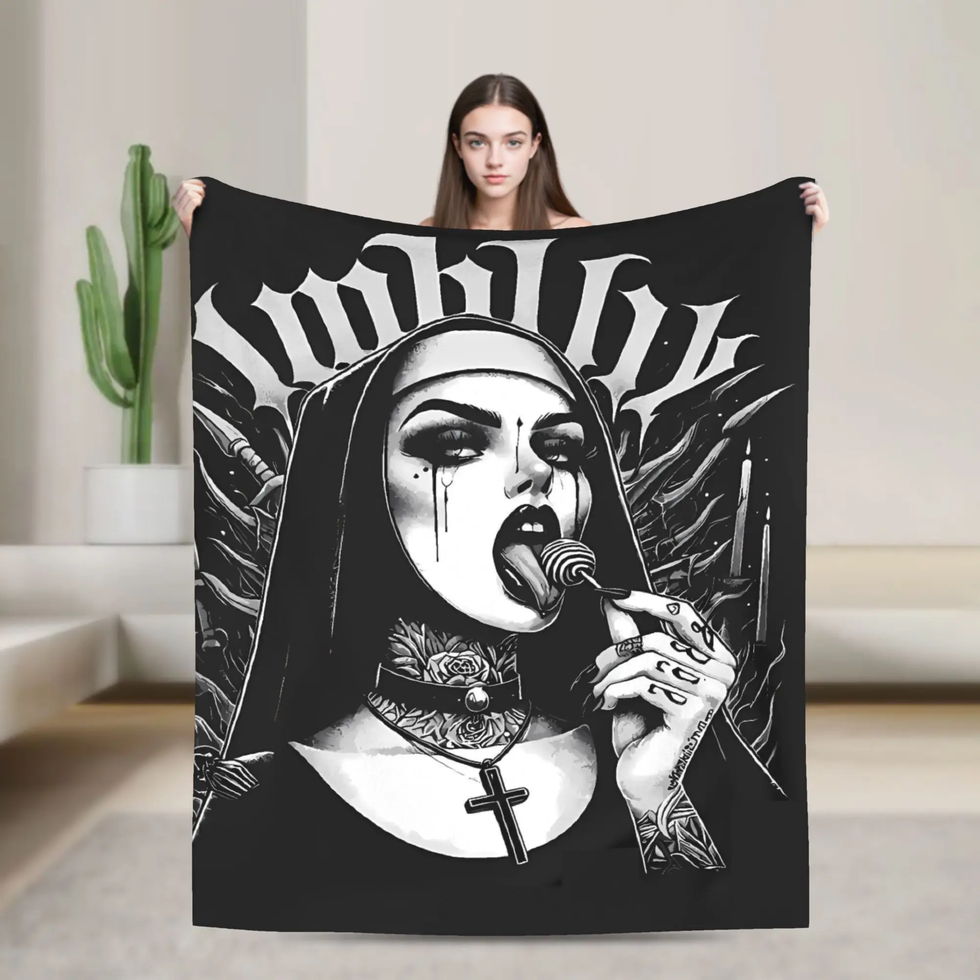 Satanic Bad Evil Nun Tattoo Blanket  Super Soft Funny Plush Throw Blanket For Living Room Picnic Flannel Bedspread Bed Cover