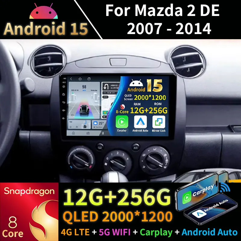 Android 15 Car Radio For Mazda 2 DE 2007 - 2014 Wireless Carplay Auto DSP GPS Multimedia Player Navi Head Unit Stereo 360 Camera