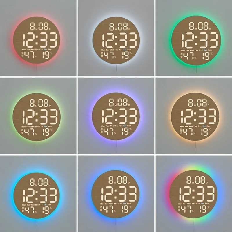 10 Zoll Digitale Wanduhr mit Fernbedienung, 9 Farben Stimmungslicht, Datum, Temperatur, Luftfeuchtigkeit, Timer, automatische Dimmung, LED-Wecker für Fitnessstudio und Yoga – Detail 8