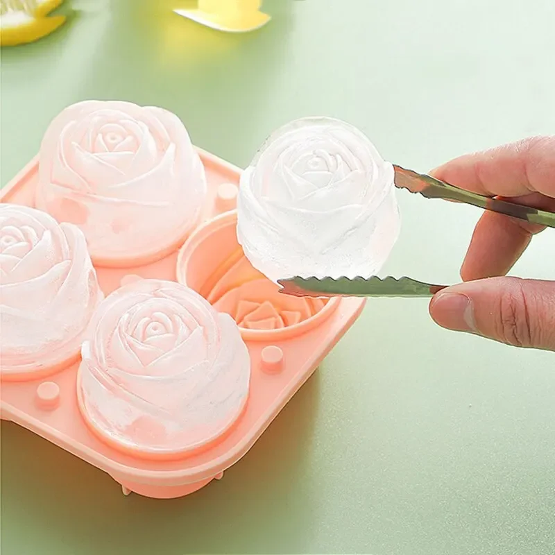 3D Rose Ice Molds 4 Holes Ice Cube Tray Mold Flower Shape Silicone 얼음 Mold Ice Ball Maker Bar 얼음 Cube Maker Tool