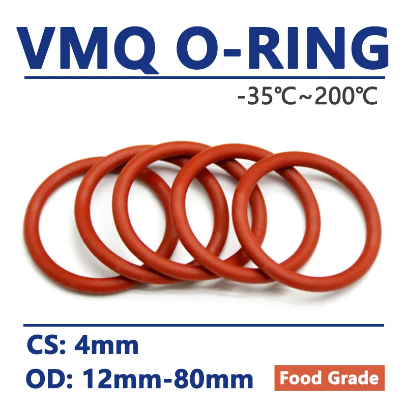 

Thickness CS 4mm Red VMQ Silicone O Ring OD 12-80mm Food Grade Waterproof Washer Rubber Insulated Round Shape Sealing Gasket