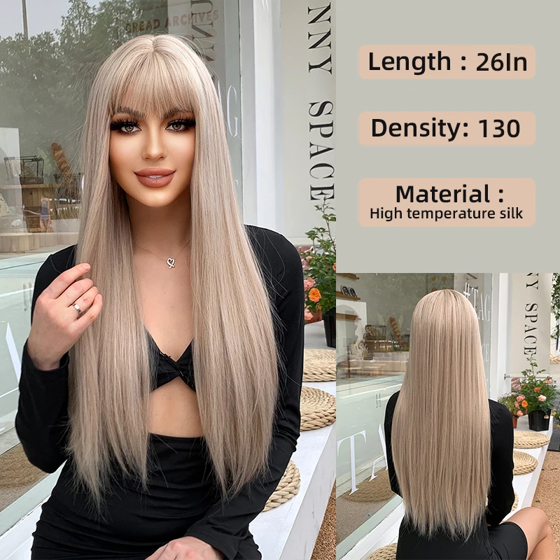 Europe And The United States Wind Wig Female Long Straight Hair Qi Bangs Ash Blonde Wig Sets Realistic Natural Simulation Wig