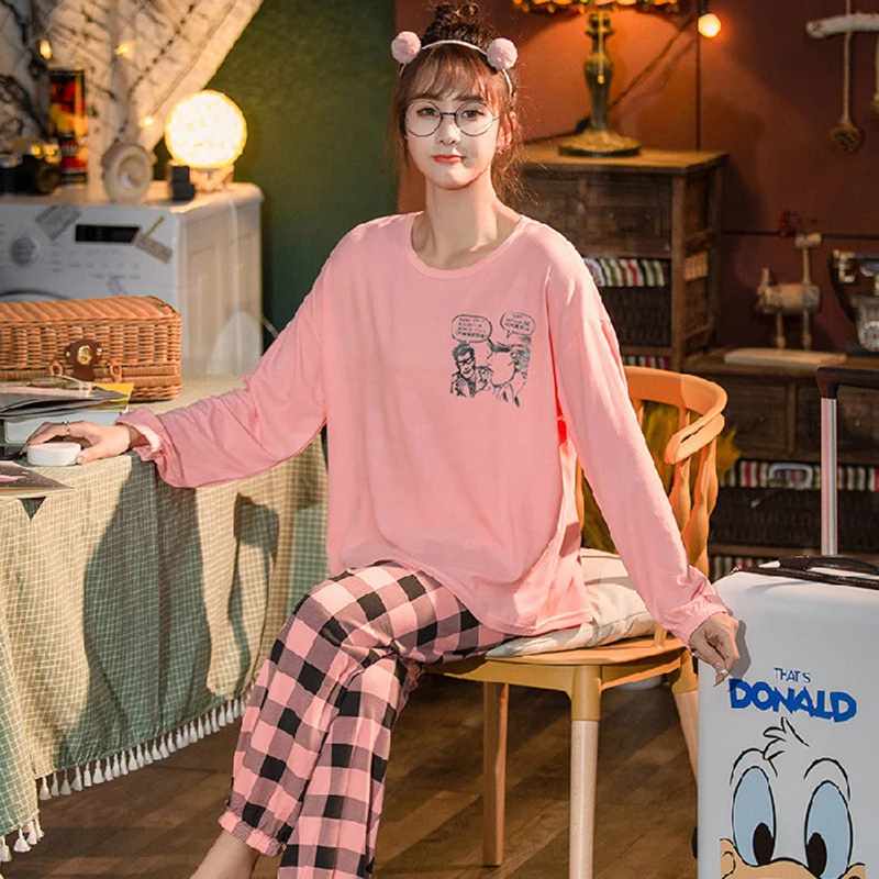 2PCS/Set Large Size Women Pyjamas Purple Plaid Can Be Worn Outside Homewear Girl Cotton Long-Sleeved Sleepwear Casual Breathable