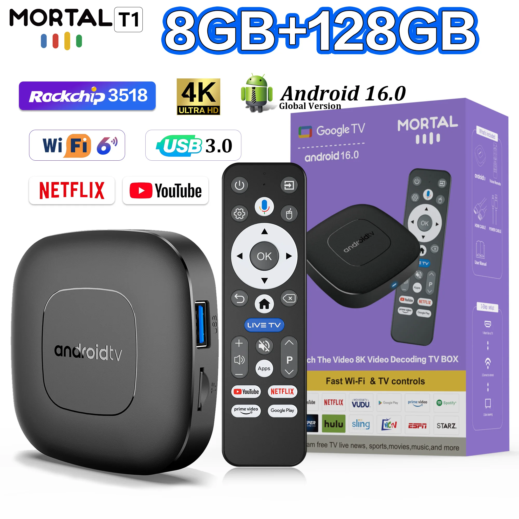 جهاز تلفزيون ذكي من نوع Rockchip RK3518، بذاكرة 8 جيجابايت وسعة تخزين 128 جيجابايت، يعمل بنظام Android 16.0، مزود بواجهة مستخدم مزدوجة تدعم Google وYouTube وWiFi 6 وBluetooth 5.4، ويدعم دقة 8K HDR.