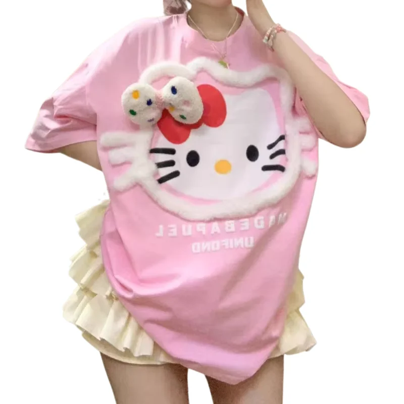 

New Cartoon HelloKitty Simple Loose Cute Round Neck Casual Trend Summer Cotton Short Sleeved T-shirt Fashionable Y2K TopT-shirt