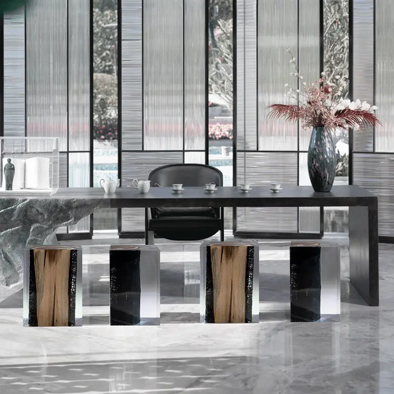 High transparent resin pier stump living room coffee table, household stool new Chinese tea room solid wood sculpture stool