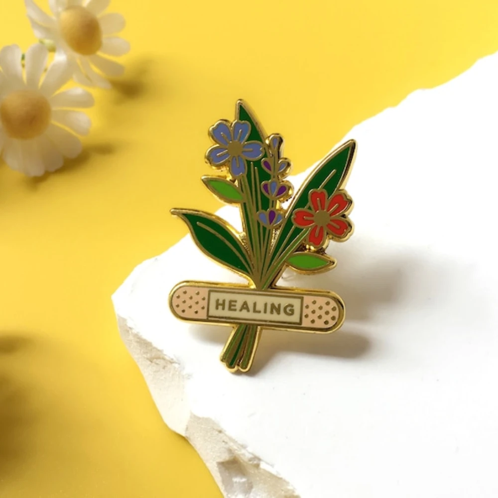 Beautiful Flowers and Bandage Hard Enamel Pin Healing Badge Flowers Brooch for Jewelry Accessory Gifts for Botantists