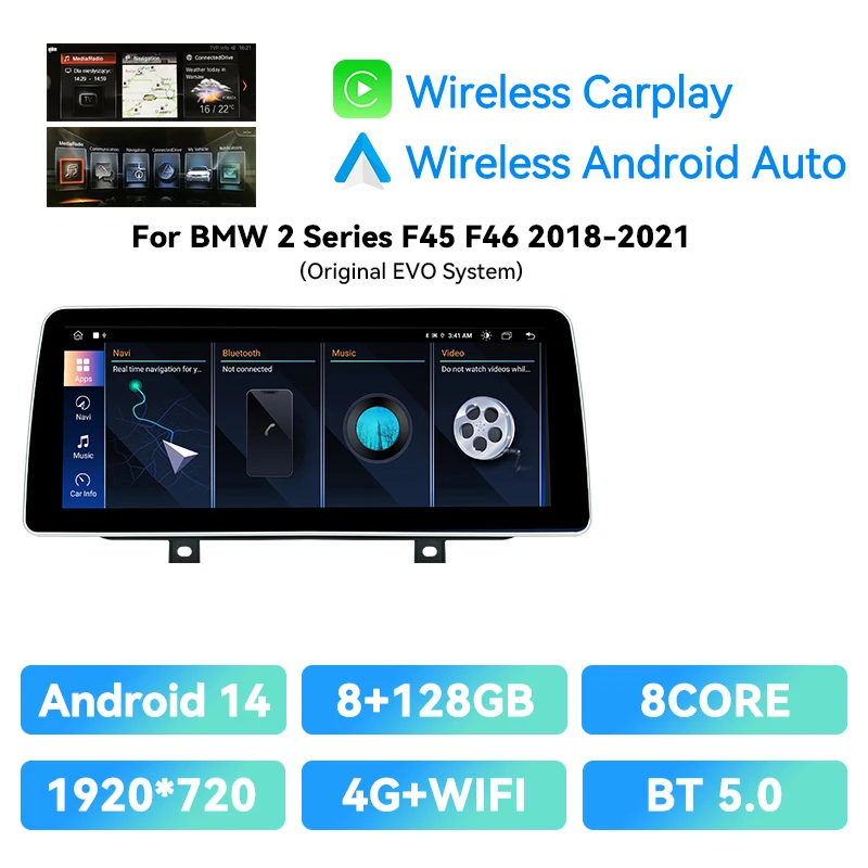 12.3 "IPS Draadloze CarPlay Autoradio Voor BMW F45 F46 F87 2013 2014 2015 2016 2017 2018 Android14 DSP GPS 4G SIM Touch Multimedia