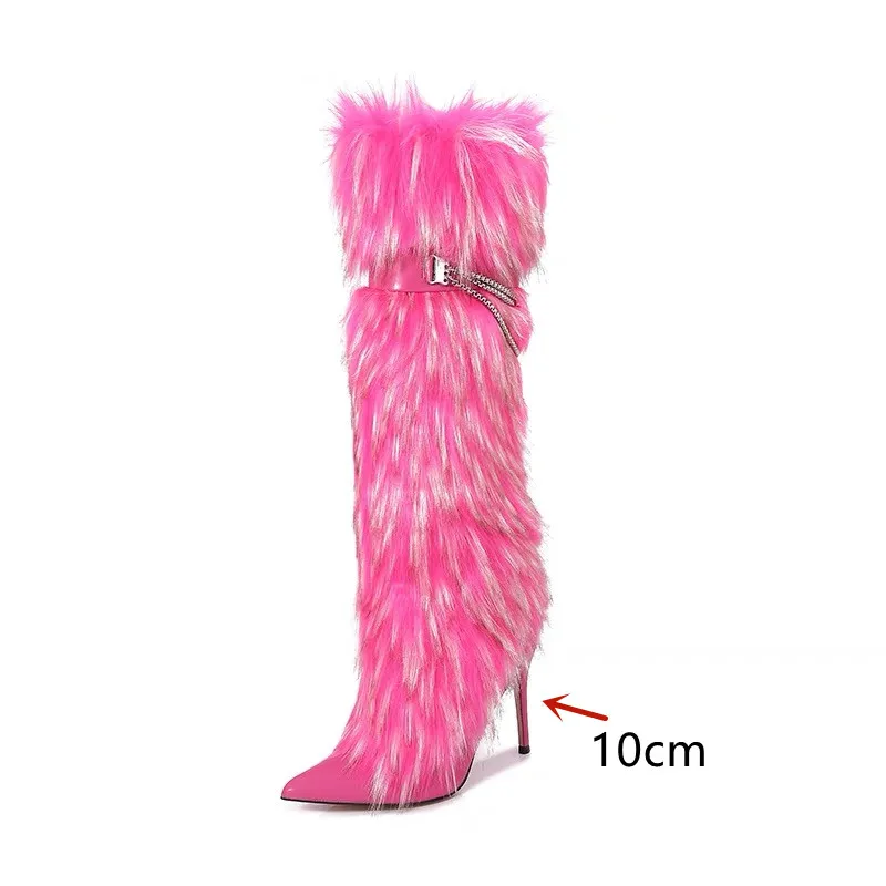 2024 European and American fashion personality pointed metal chain knee length sleeve boots for women's sexy pointed fur boots