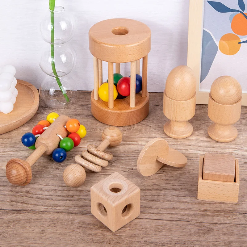 Baby soothing, grasping, shaking hands, shaking wooden bells, baby molars, interactive beech puzzle toys, early education shapes