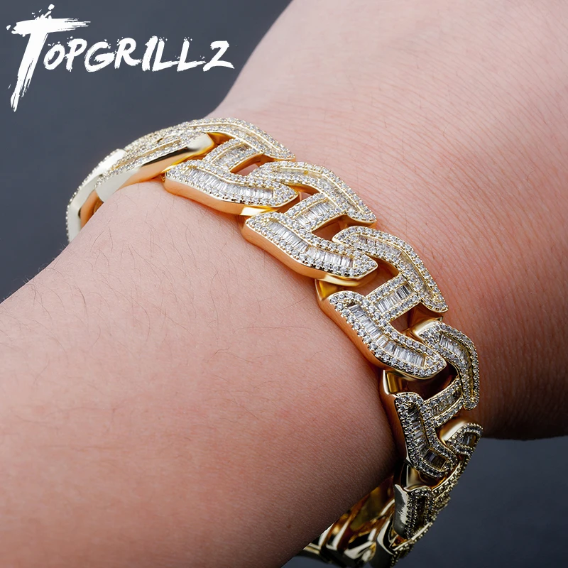 TOPGRILLZ Mens Bracelet 16mm Prong Baguette Curb Chain Full Iced Out Cubic Zirconia Hip Hop Rapper Luxury Jewelry For Gift Party