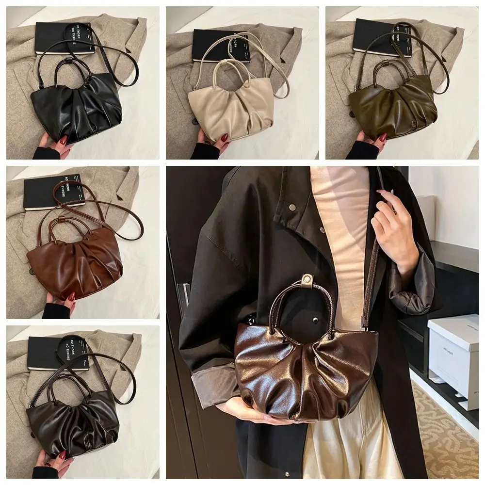

Portable Vintage Oil Wax Leather Handbag Classic Top-handle Commuting Shoulder Bag Fold Minimalist Bucket Bag Girls