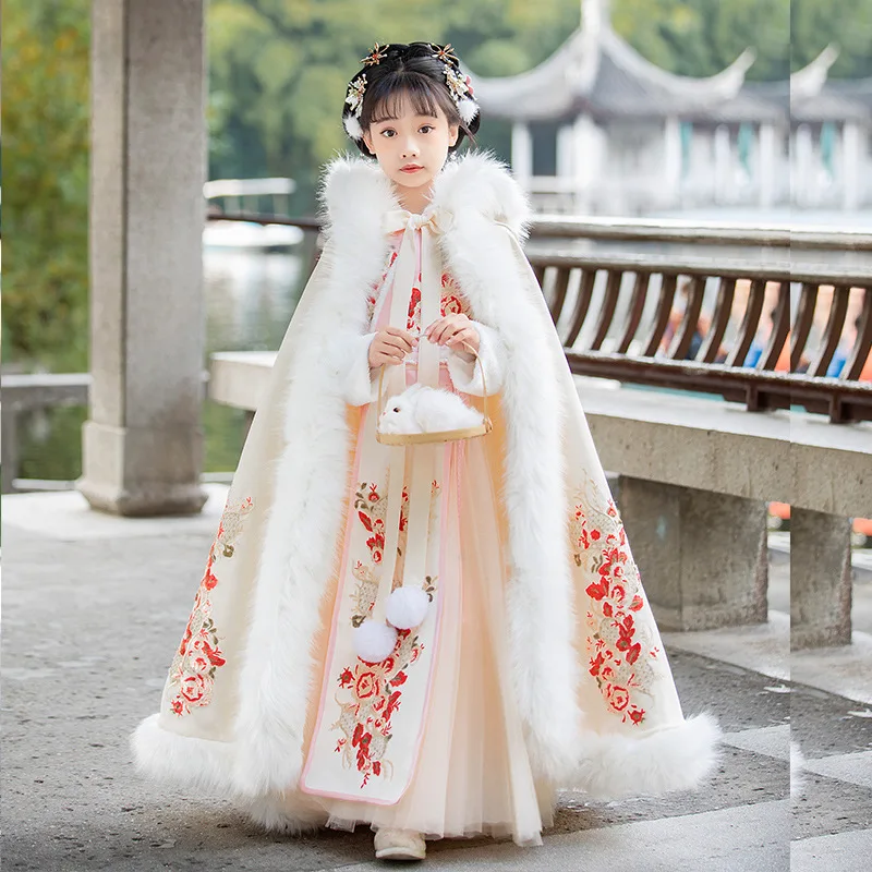 

Girls' Hanfu Children's Warm Tang Suit Kids Winter Plus Velvet Embroidery Party Dress With Cloak Chinese New Year's Clothing