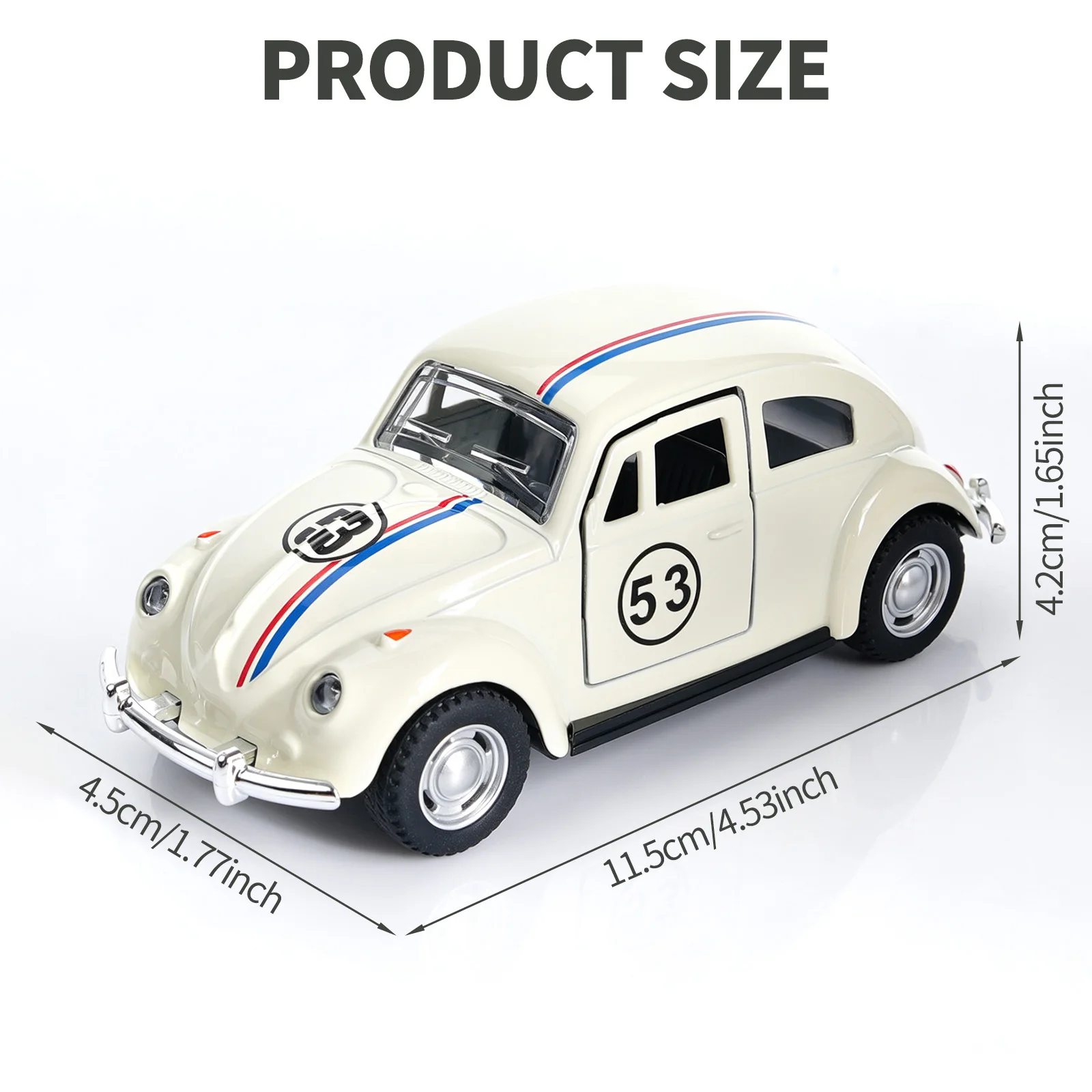 1:36 Scale Herbie No.53 Beetle Diecast Car, Pull-Back Alloy Model with Open Doors, Classic Racing Replica, Cream White Collectib image 2