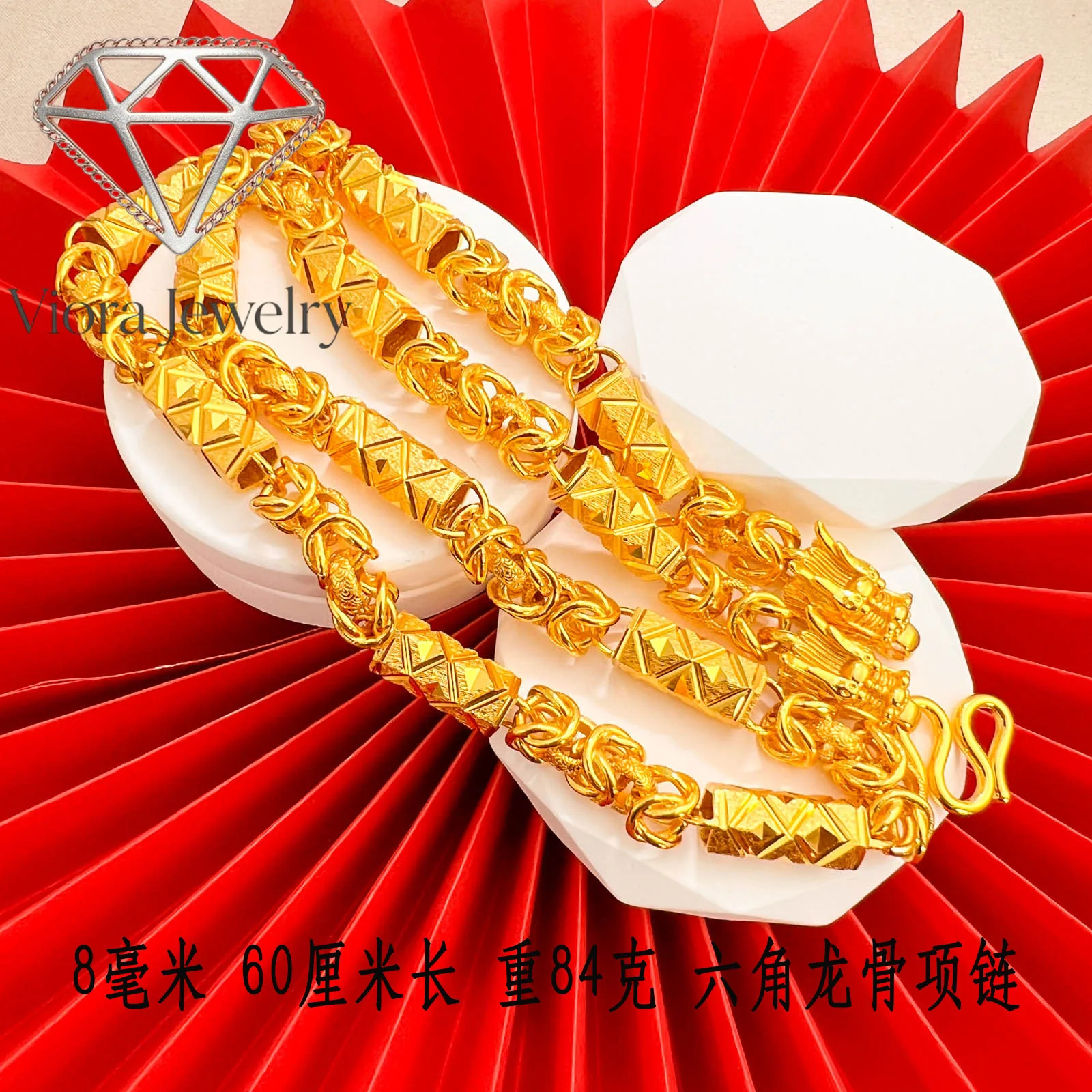 Viora Jewelry Men's cylindrical flower 9999 necklace, large and small, new style, 24K real gold, domineering, large gold chain,