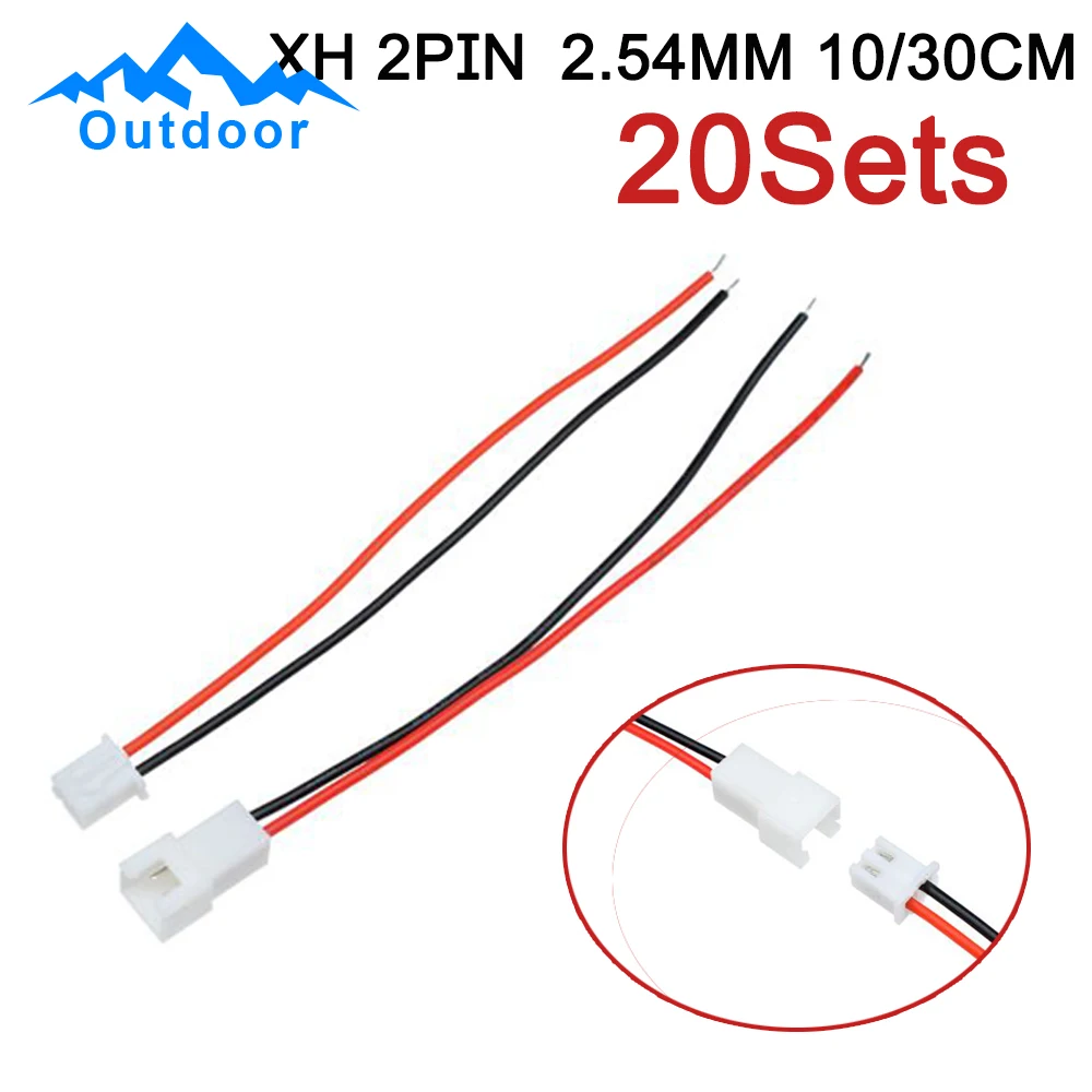 20Sets XH 2PIN 2.54mm Male & Female Plug Connector DIY Electrical Wire Terminal Cable Connector 10CM/30CM Length Wire DC 8-90V