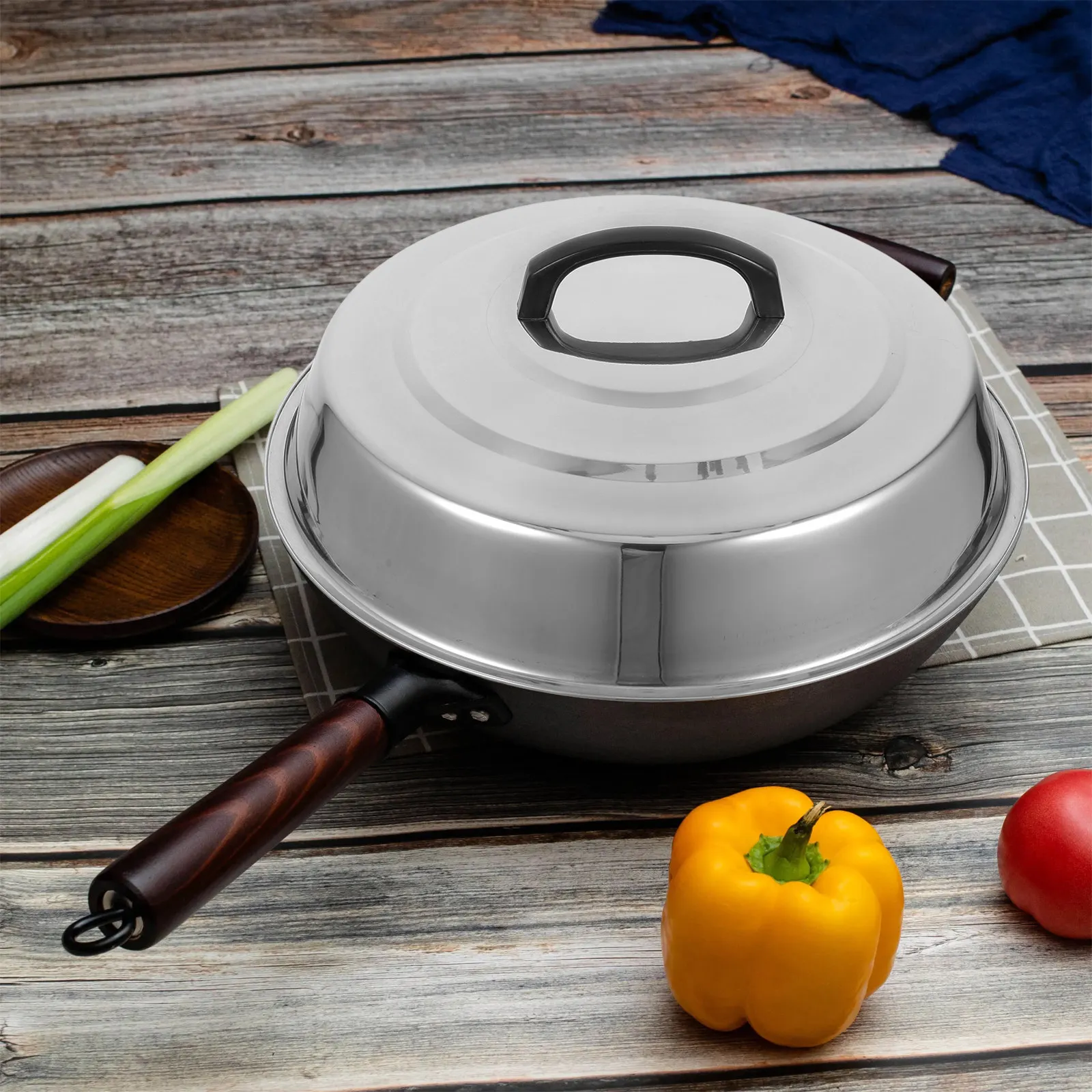 2Pcs Wok Lid Stainless Steel Universal Pot Lid Cover Suitable for Large Pans Frying Skillets Cooking Dome Basting Griddle