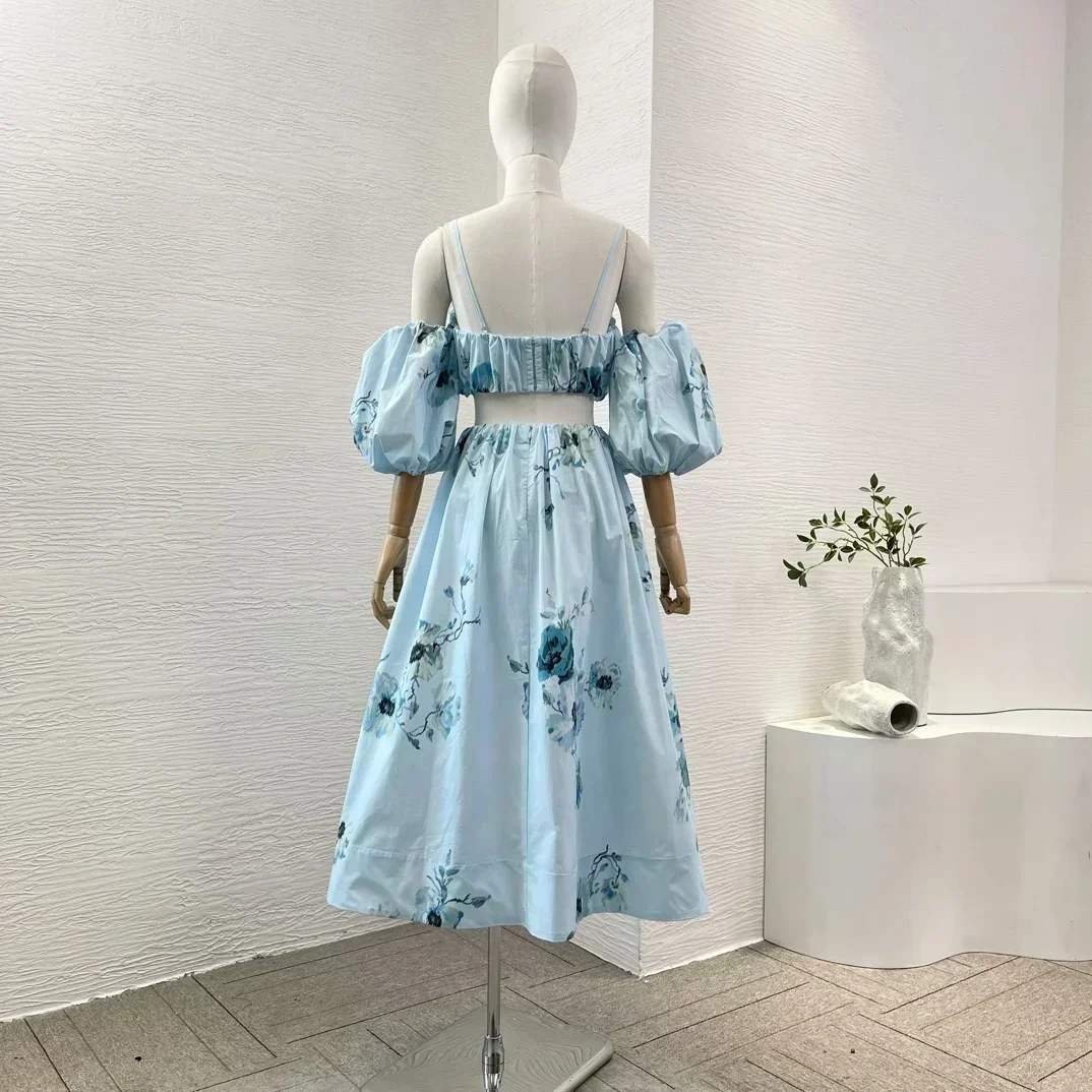 الأزرق الأزهار طباعة 2024 القطن المرأة الجديدة الصيف نصف كم عارية الذراعين أنبوب القمم وتنورة طيات عطلة مجموعة #4