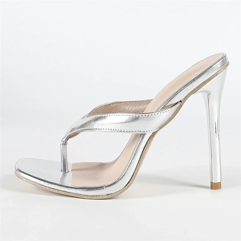 Sendal Jepit Wanita Aneikeh Silver Fashion, Hak Tipis, Payet, Model Selop, Ujung Persegi, Sepatu Musim Panas, Zapatos De Mujer