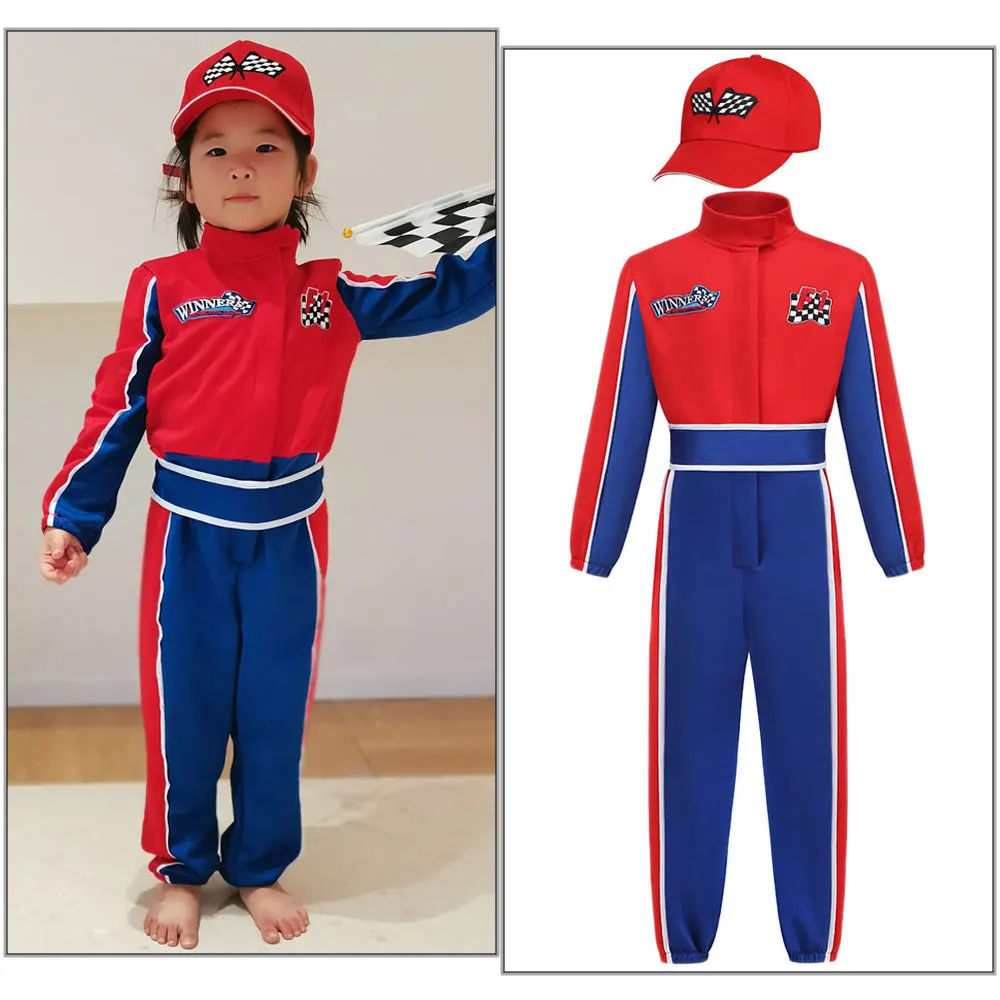 

Kids Halloween Cosplay Race Car Driver Outfits Racing Costume Set with Car Cap Sunglasses Carnival Boys Racer Jumpsuit Costume