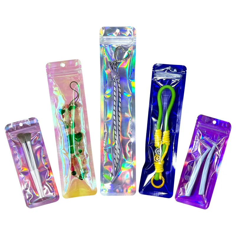 

100PCS Long Laser Seal Pouch Retail Holographic Pen Packaging Bags for Lipstick Jewelry Necklace Display Small Business Storage