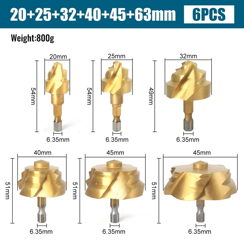 BAAG-PPR Lifting,Stepped Drill Bit 6Pcs Tool Set Hexagon Shank Water Pipe Connection Tool 20-63Mm For Water Pipe Reaming