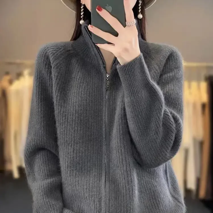 100% Pure Wool Zipper Cardigan Padded Shoulder Stand Collar Women's Cashmere Knitted Coat New Lapel Sweater