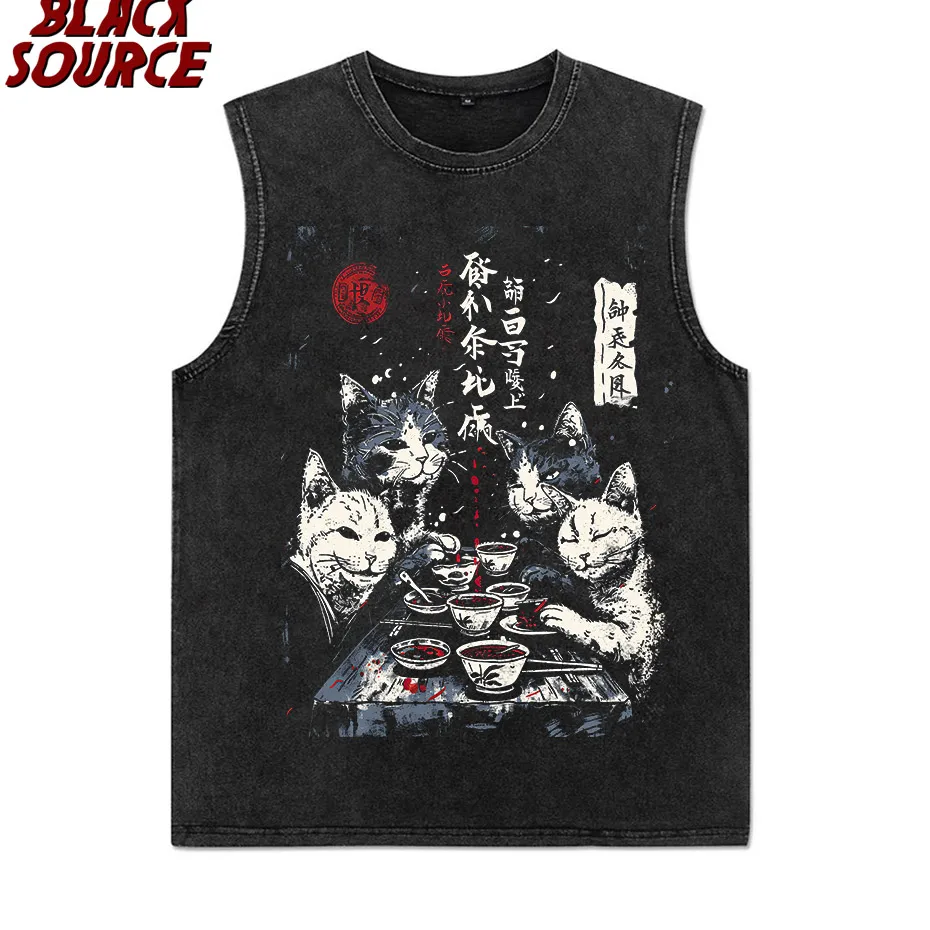 T497 Bai Men's Catman Red Moon Cat Graphic Hoodie, Japanese Streetwear Pullover Sweatshirt, Oversized Casual Urban Fashion