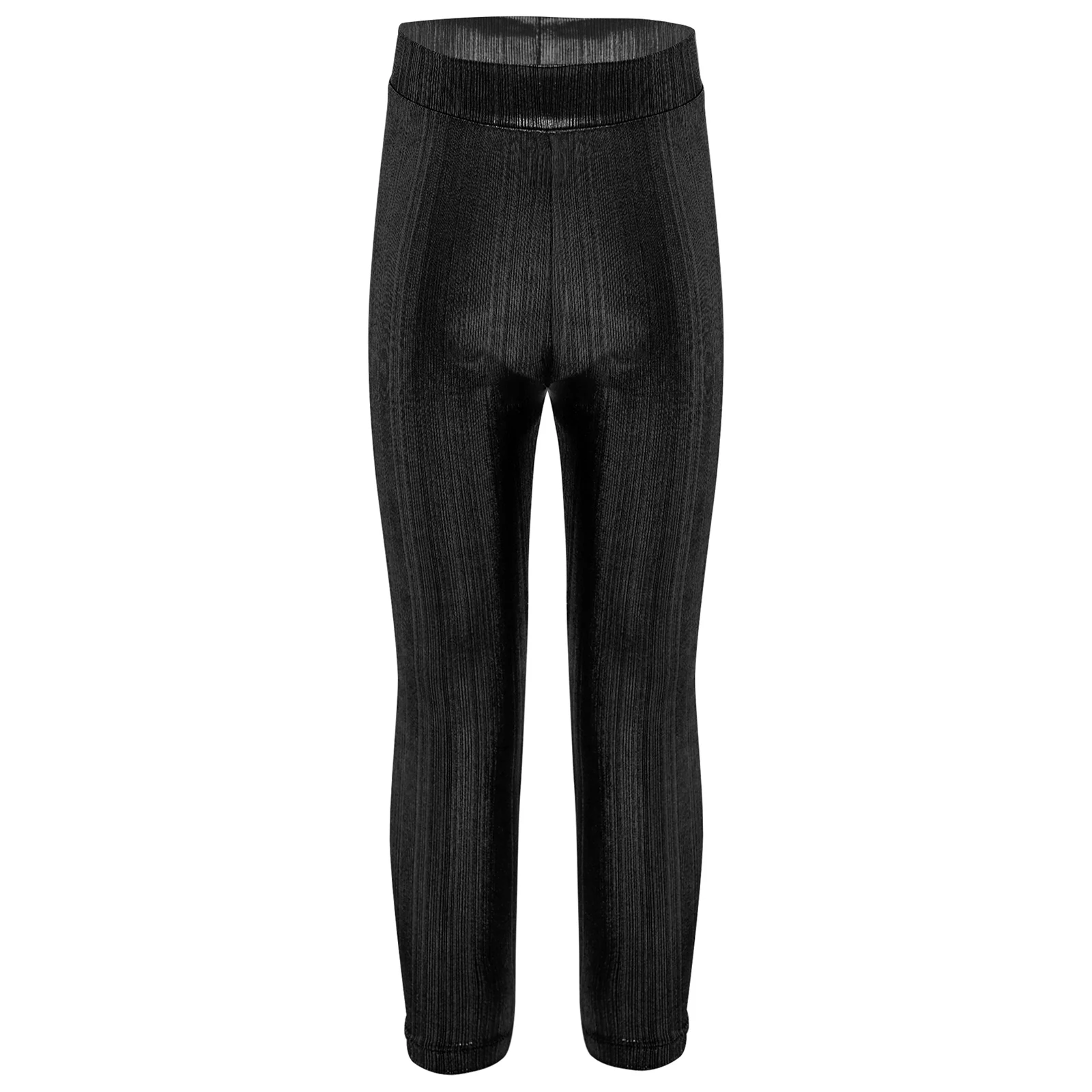 

Kids Girls Metallic Ribbed Pants Solid Color Elastic Waistband Leggings Trousers for Gymnastics Workout Performance Streetwear