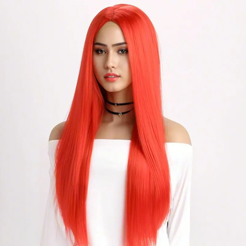

28 Inch Long Red Wig with Flattering Bangs - Silky Straight Synthetic Hair for Everyday Glam