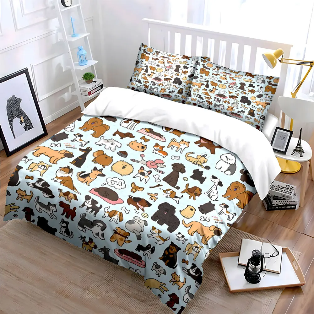 Cute Dog Illustrations Collection Printed Duvet Cover Set 1 Duvet Cover+2 Pillowcase Multi Size Bedroom Bedding Decor