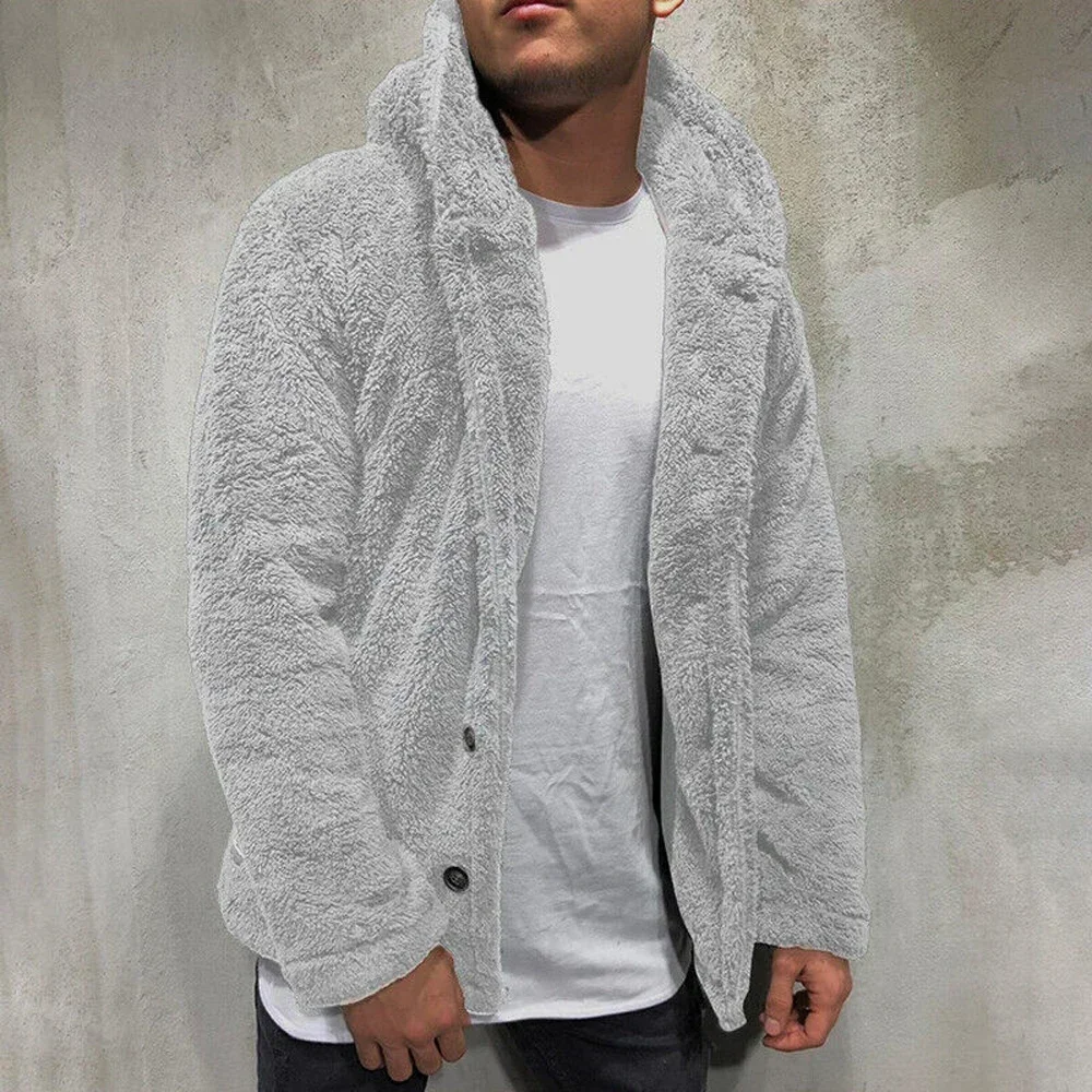 Outono inverno masculino de pelúcia casaco com capuz cor sólida manga longa único breasted quente cardigan casaco moda tendência masculino wear